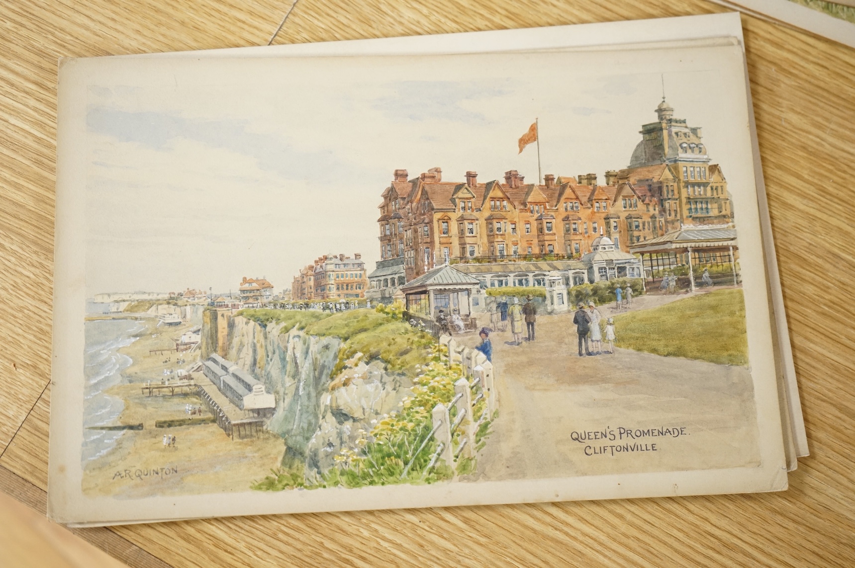 Alfred Robert Quinton (1853-1934), a set of six original watercolours for postcard designs to include St Mildred’s Bay, Westgate on Sea, On the Sands, Broadstairs and Ramsgate, each signed, unframed, 19 x 30cm